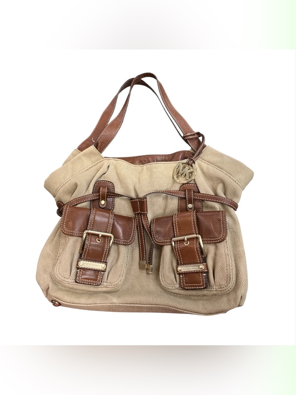 Michael Kors Beige Canvas Shoulder Bag with Brown Leather Trim